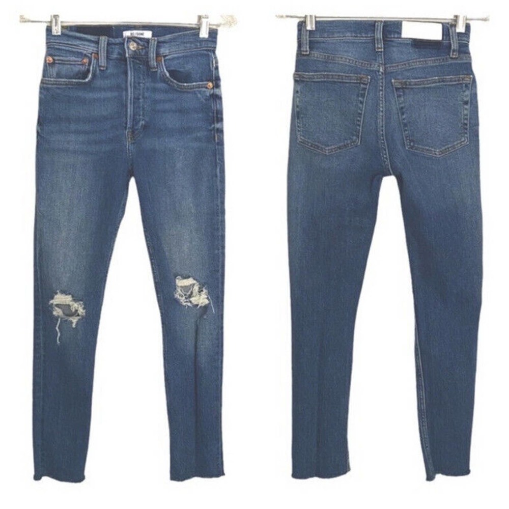 RE/DONE 90s High Rise Ankle Crop Denim Jeans in Dusk Destroy Waist 25